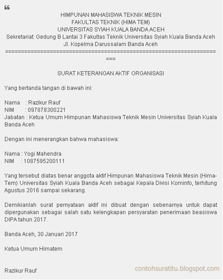 Contoh Surat Aktif Organisasi yang Benar