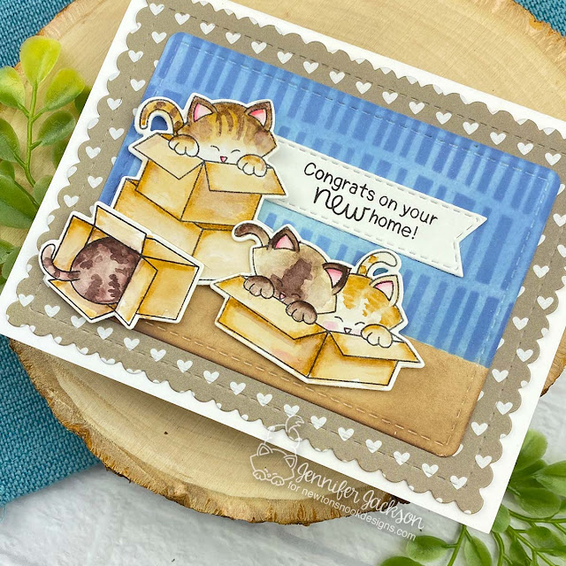 Congrats on Your New Home Card by Jennifer Jackson | Newton Loves Boxes Stamp Set, Serene Stripes Stencil, Banner Trio Die set, Coffee House Stories Paper Pad and Frames & Flags Die Set by Newton's Nook Designs #newtonsnook #handmade