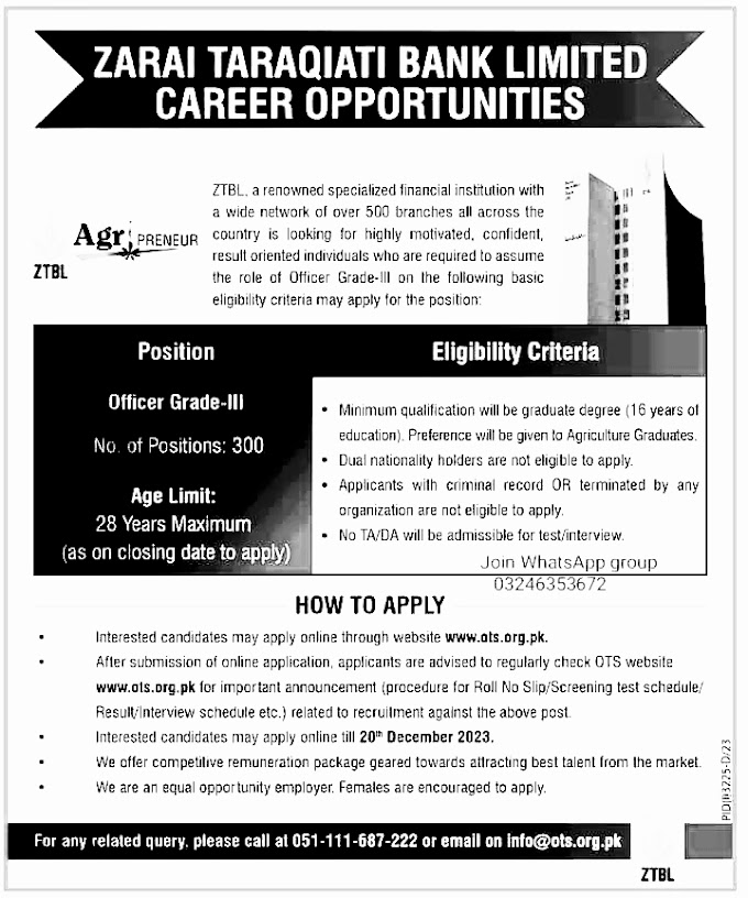 Career Opportunities at Zarai Taraqiati Bank Limited (ZTBL)
