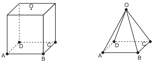 ENEM 2011: Uma indústria fabrica brindes promocionais em forma de pirâmide. A pirâmide é obtida a partir de quatro cortes em um sólido que tem a forma de um cubo. No esquema, estão indicados o sólido original (cubo) e a pirâmide obtida a partir dele.