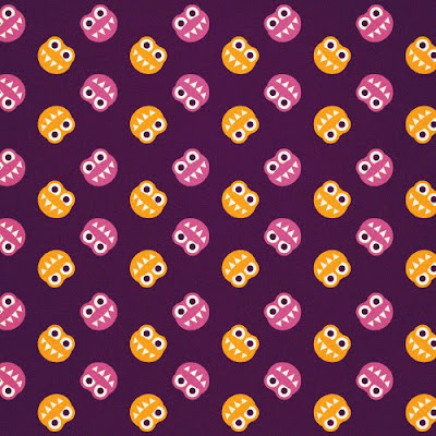 Purple pattern with funny smiling orange and pink bugs with sharp teeth