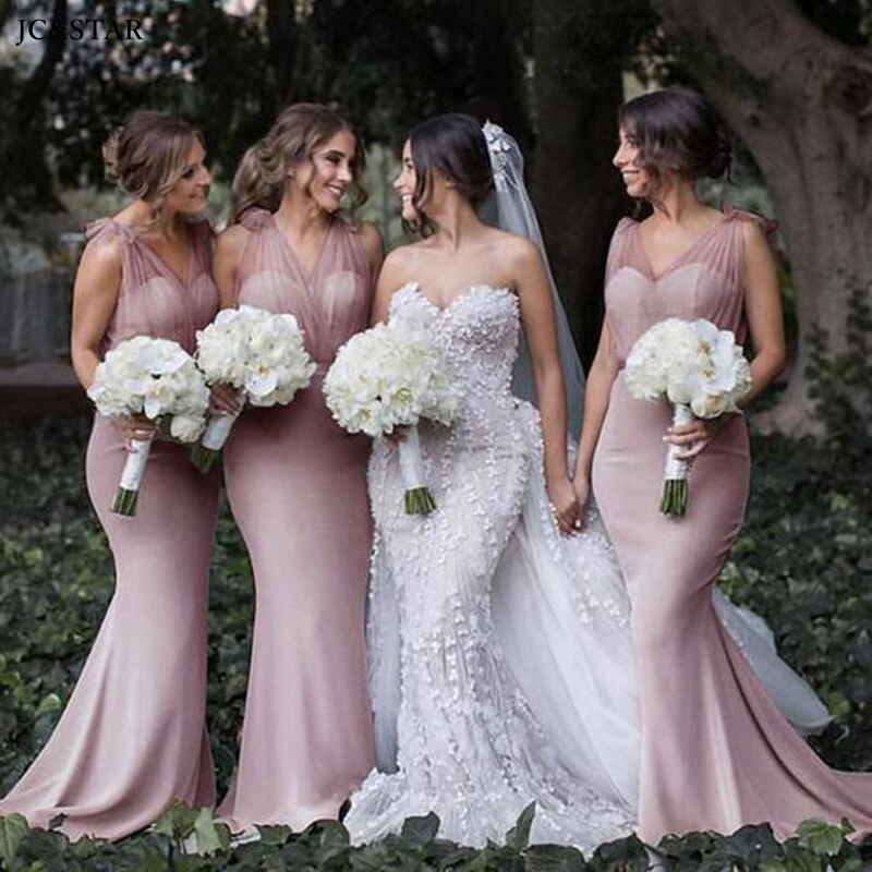 dusty pink satin tulle bridesmaid dresses for women sexy v neck mermaid dress elegant wedding party gala chic dresses