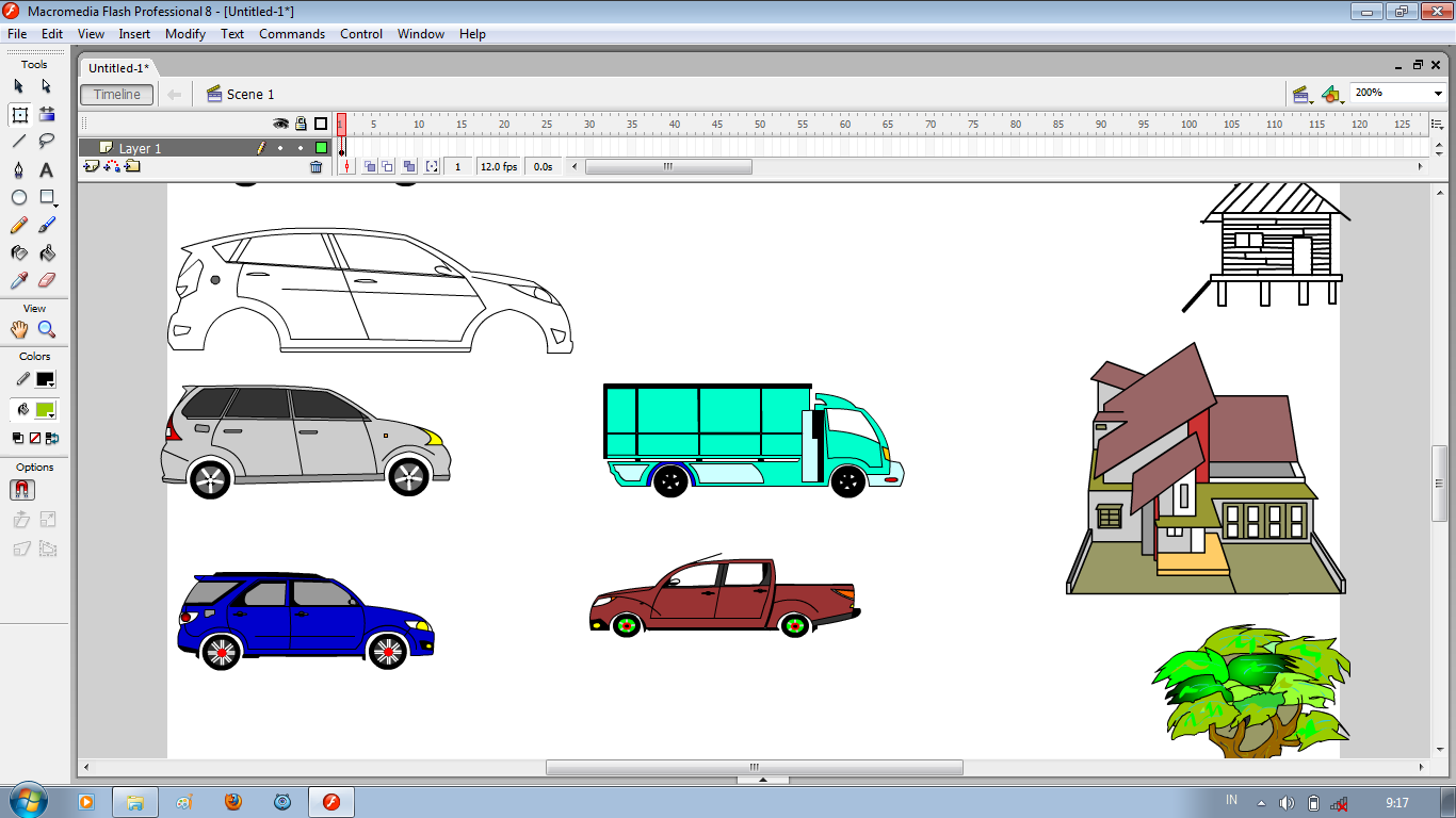 Desain Animasi Flash Mobil Rumah dan Pohon - Damai7