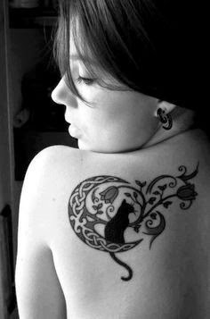 Crescent Black Cat Tattoo Designs, Designs of Black Cat Crescent Tattoos, Incredible Crescent Moon Tattoos, Artist, Women,