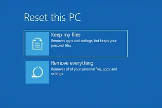 "Windows 11 Reset This PC screen with 'Keep my files' and 'Remove everything' options"