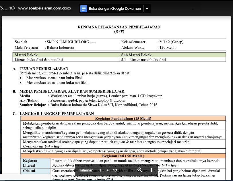 RPP Bahasa Indonesia Kelas  7 Semester  2  Kurikulum 2013 