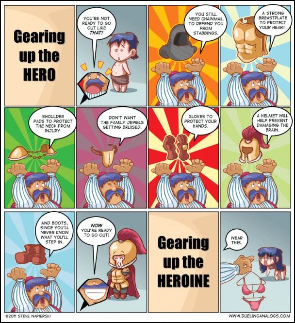 armor heroes. Armor for heroes vs heroines. It may more have to do with the purpose of the hero vs the heroine men are actually supposed to be out fighting and saving