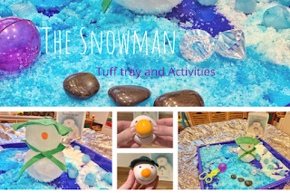 The Snowman tuff tray activity with ice snowman and sensory jelly