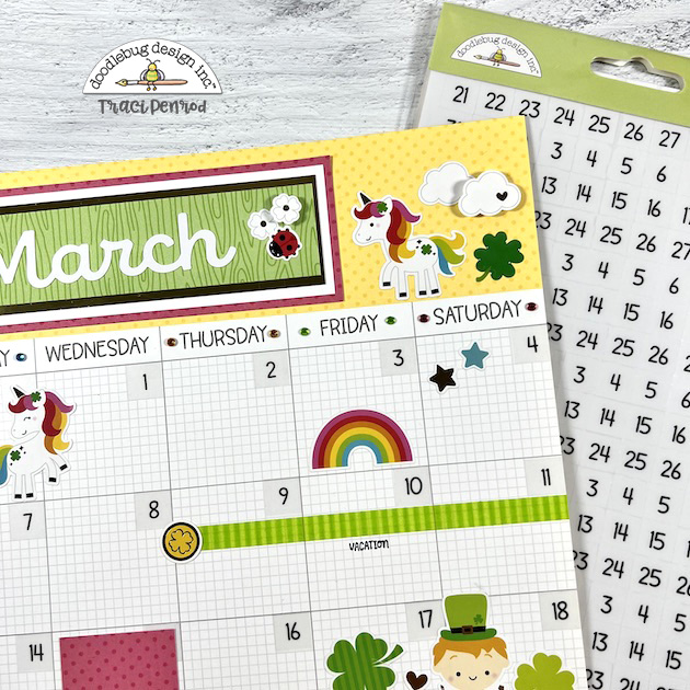 March Calendar 12x12 Scrapbook Page with Rainbows and Unicorns