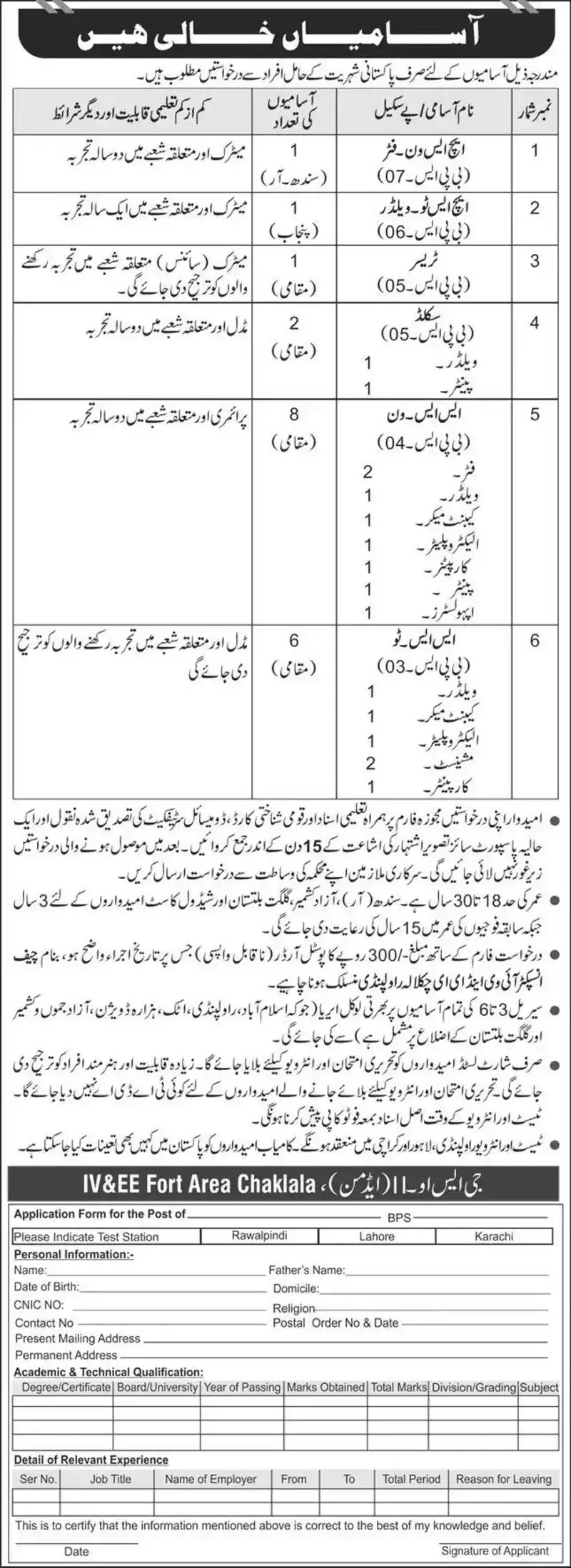 Government Sector Organization Chaklala Jobs for Carpenter, Welder, etc. in August 2022