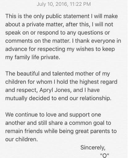 Omarion relases statement on break up from Apryl Jones