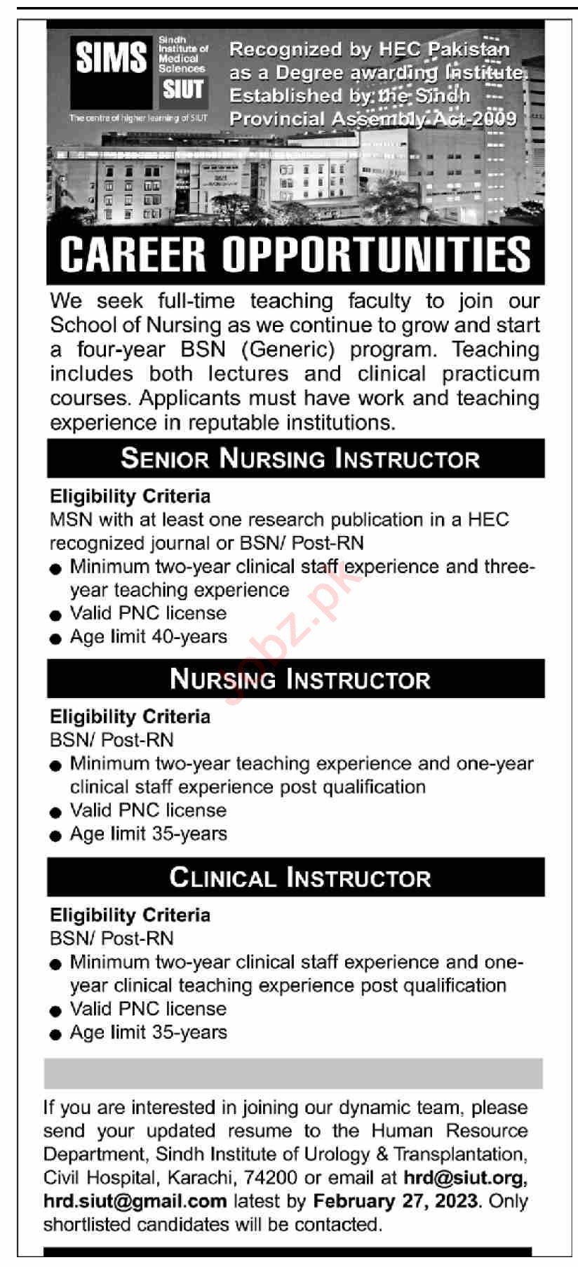 Latest Sindh Institute of Medical Sciences Education Posts Karachi 2023