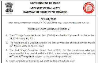 RRB NTPC 2019 2nd stage CBT Exam Date 2022
