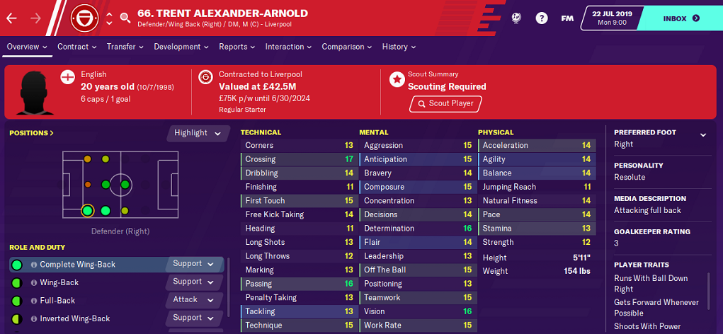 Trent Alexander Arnold: Starting Attributes in FM2020