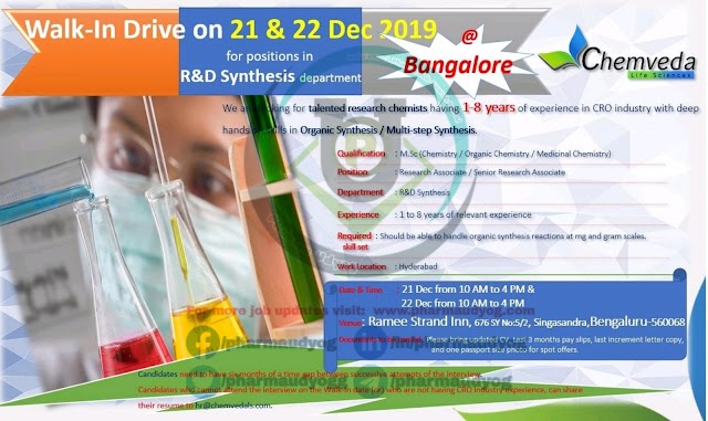 Chemveda life sciences | Walk-in for R&D on 21&22 Dec 2019 | Pharma Jobs in Bangalore