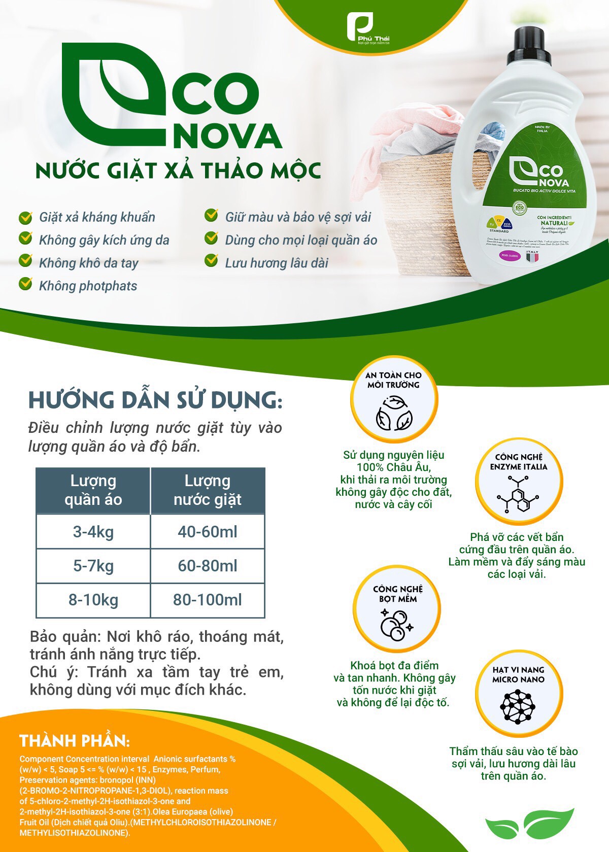 Nước giặt thảo mộc - Econova Bucato 2 in 1 Bio Activ Dolce Vita