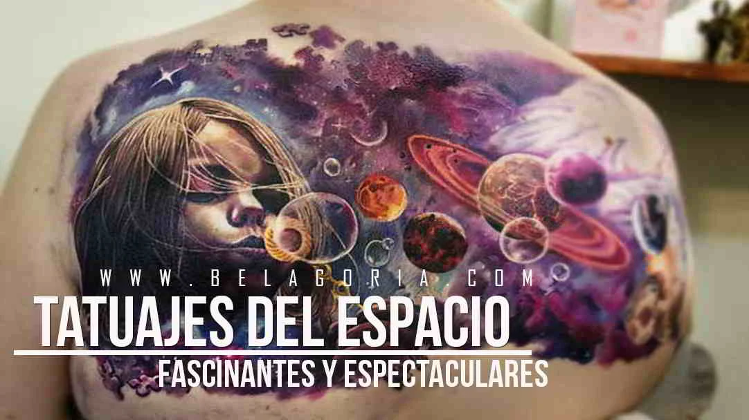 Tatuaje espacial de niña soplando pompas de jabón