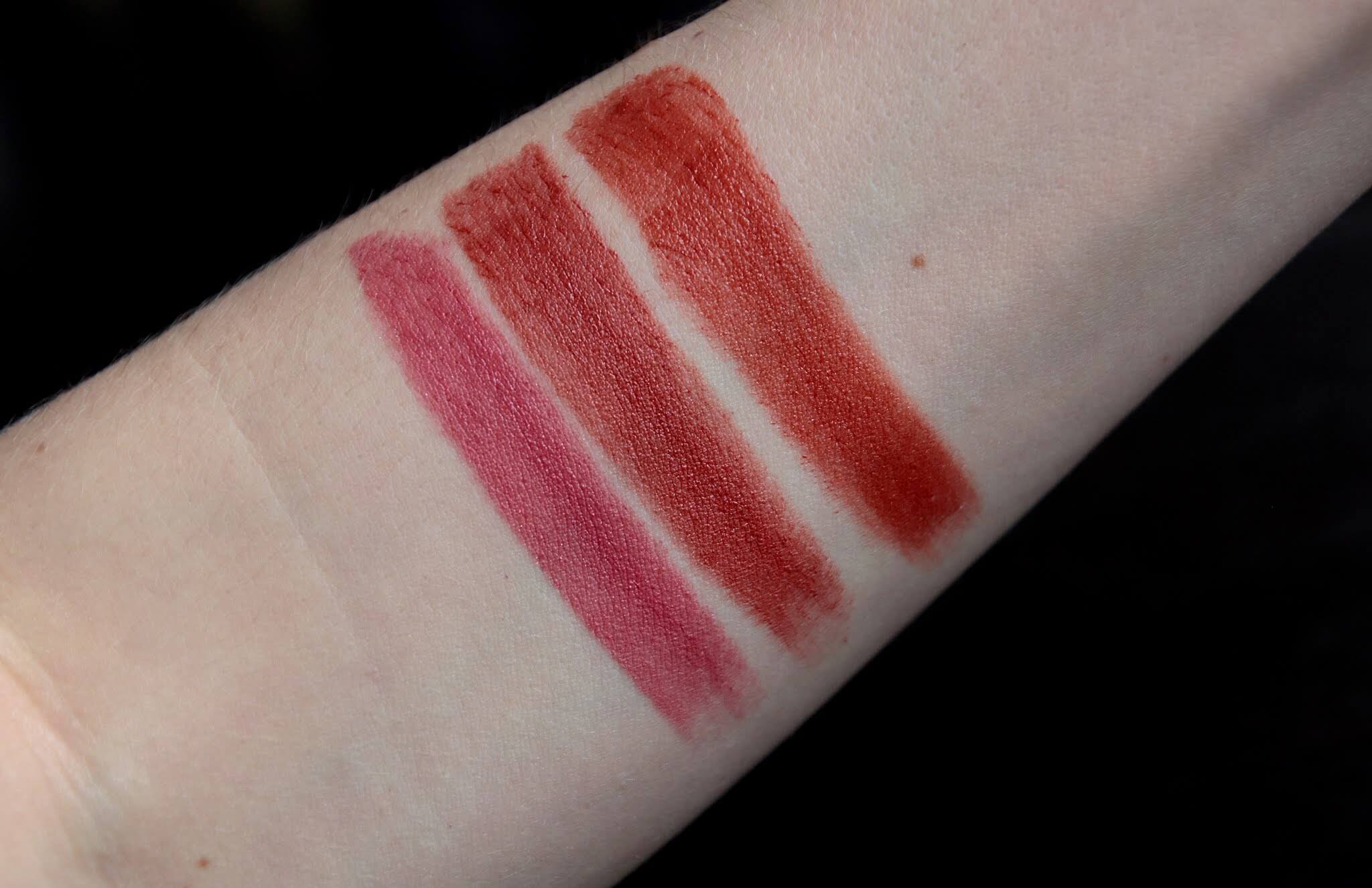 YSL The Slim Glow Matte 203 Restrickted Pink 214 Illicit Orange swatch 213 No Taboo Chili 213