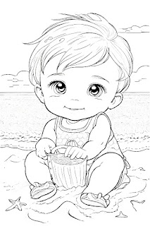 תינוק משחק בדלי בחוף הים לצביעה לילדים