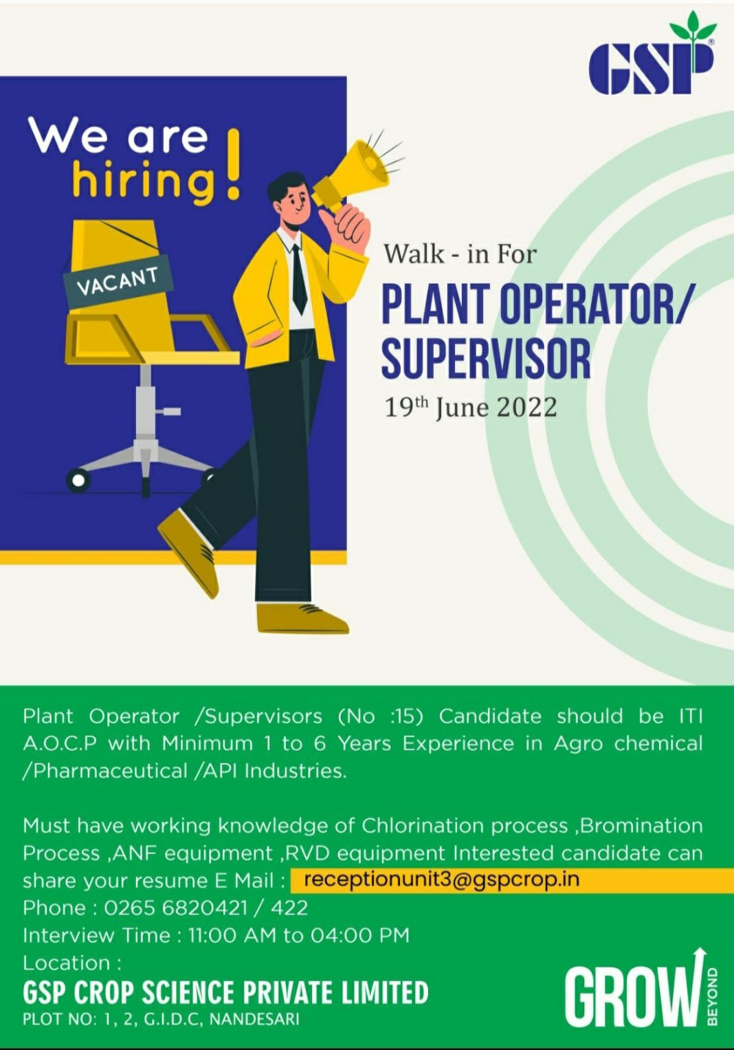 Job Available's for GSP Crop Science Pvt Ltd Walk-In Interview for ITI-AOCP