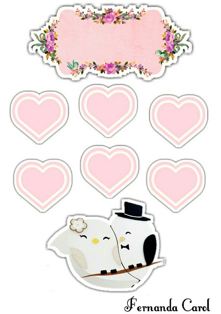 Birds Getting Married with Pink Hearts: Free Printable Cake Toppers