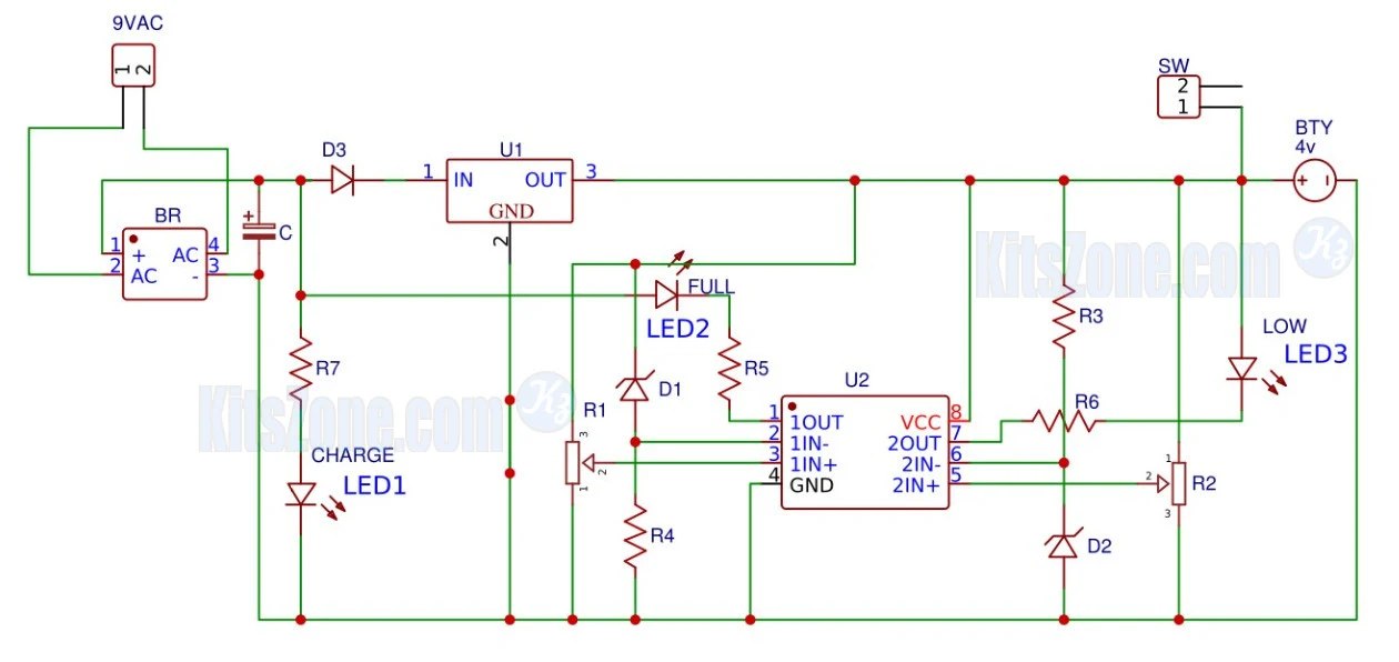 4V Lead Acid Battery Charger Circuit With Overcharge Protection And Status Indicator