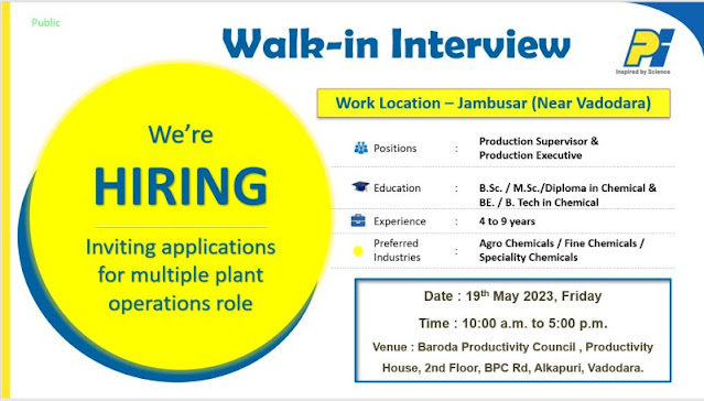 PI Industries Walk in Interview For Diploma/ BE/ B Tech Chemical/ BSc/ MSc - Production Department