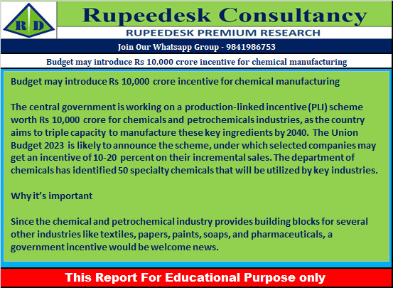 Budget may introduce Rs 10,000 crore incentive for chemical manufacturing - Rupeedesk Reports - 23.11.2022