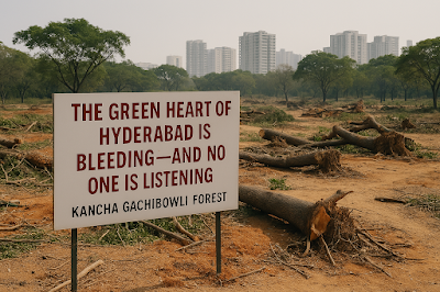 Deforestation at Kancha Gachibowli Forest in Hyderabad showing felled trees and urban buildings in the background, with a protest sign reading “The Green Heart of Hyderabad is Bleeding—And No One is Listening.