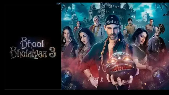 Kartik Aaryan as Rooh Baba, Vidya Balan as Monjolika, and Madhuri Dixit in Bhool Bhulaiyaa 3 - Horror Comedy Movie Still