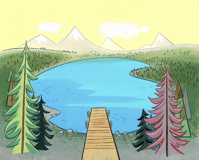 an Art Lozzi animation background of a dock on a lake, birds-eye view