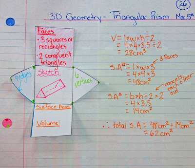 photo of triangular prism surface area and volume math journal entry @ Runde's Room