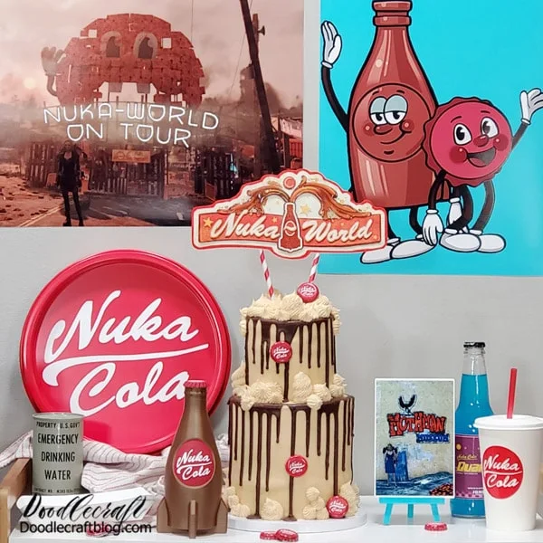 Nuka World Drip Cake!  I had my friend, Something Special Custom Cakes, make me this peanut butter and chocolate cake...she makes the best cakes and gives me the expert support to make awesome parties.   I wanted it to look like the Nuka Cola was spilling everywhere!   I love how it turned out--and tasted!   Just add some Nuka caps to the cake to complete the look and a 3 layered cake topper of the Nuka World logo.