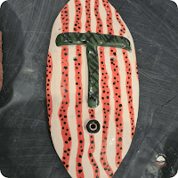 glazed dot painted wall hanging mask crafted by Bay & Basin Bush Potters Member pottery Jervis Bay NSW south coast Shoalhaven group handmade Sancturary Point