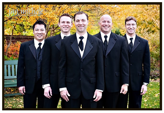 groom and groomsmen with fall colors at River Farm
