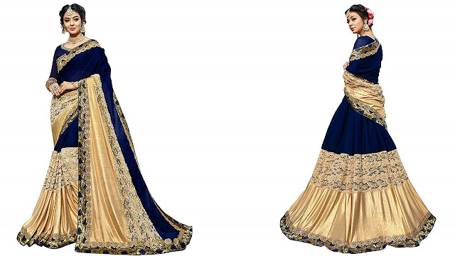 Craftsvilla Women's Georgette Resham Embroidered Saree with Blouse Piece(MCRAF22331091840_Blue and Gold_Free Size)