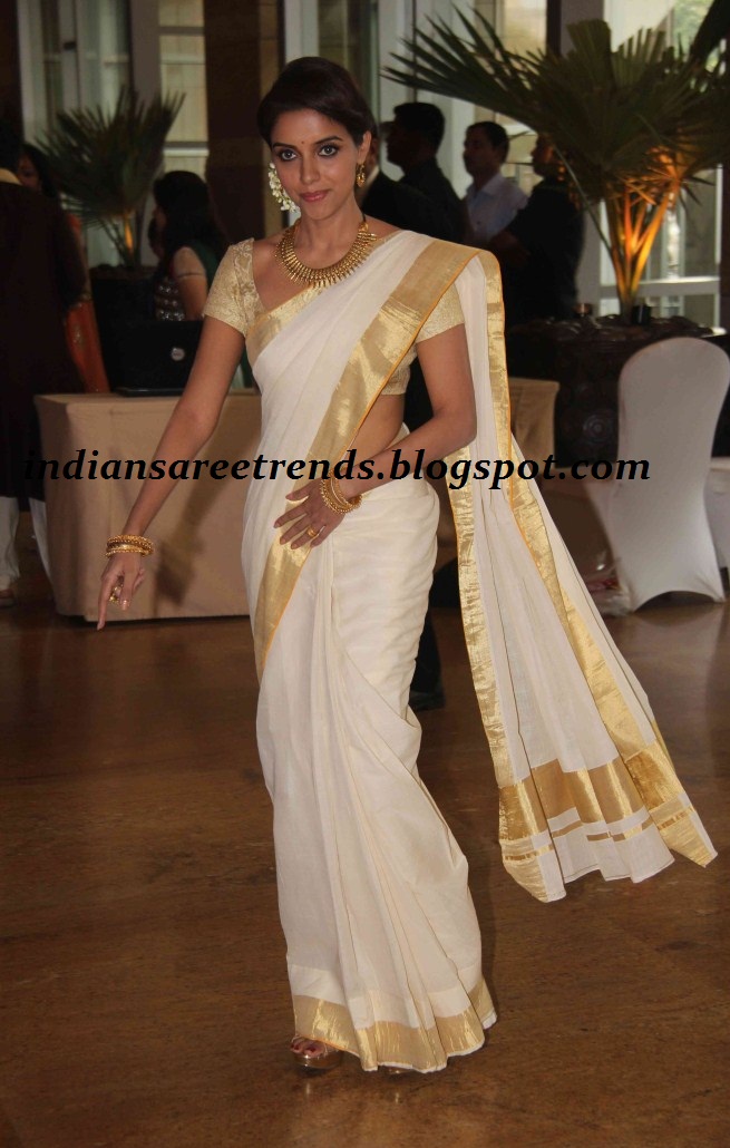 Check out Asin in white traditional saree with gold border paired with ...