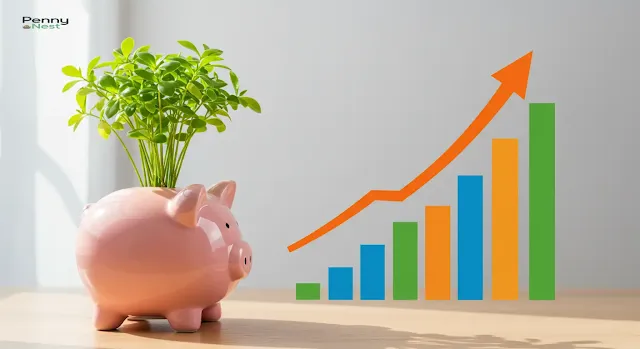 A piggy bank with a plant growing vigorously from it, placed next to a graph showing upward interest growth, symbolizing high-yield savings accounts.