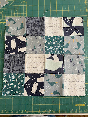 Patchwork quilted baby boy gift, Nice Ice Riley Blake fabric, Denna Rutter, handmade baby boy gift