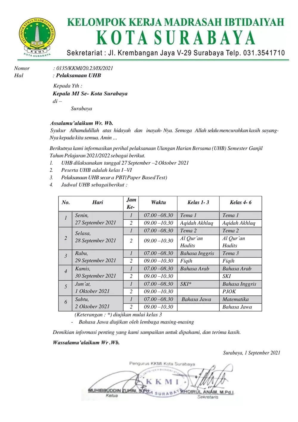 JADWAL UHB SEMESTER GANJIL REVISI MI AL AMIN TAHUN PELAJARAN 2021-2022