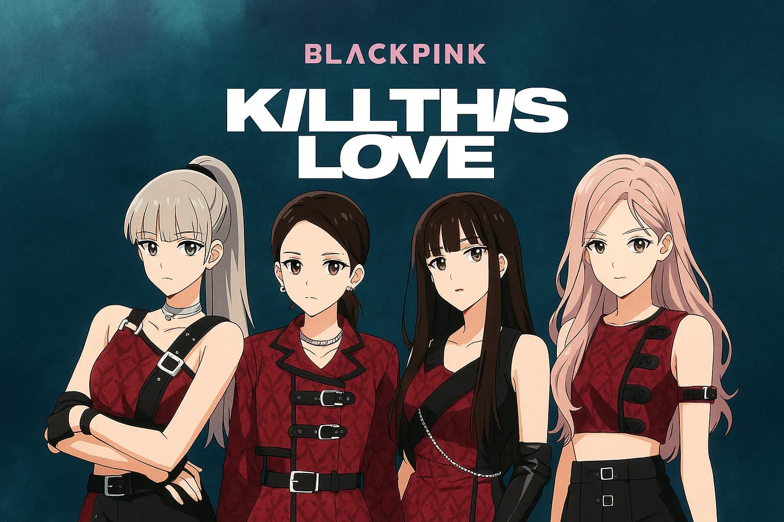 Ilustrasi anime BLACKPINK dalam konsep lagu Kill This Love, mengenakan outfit merah hitam dengan latar gelap.