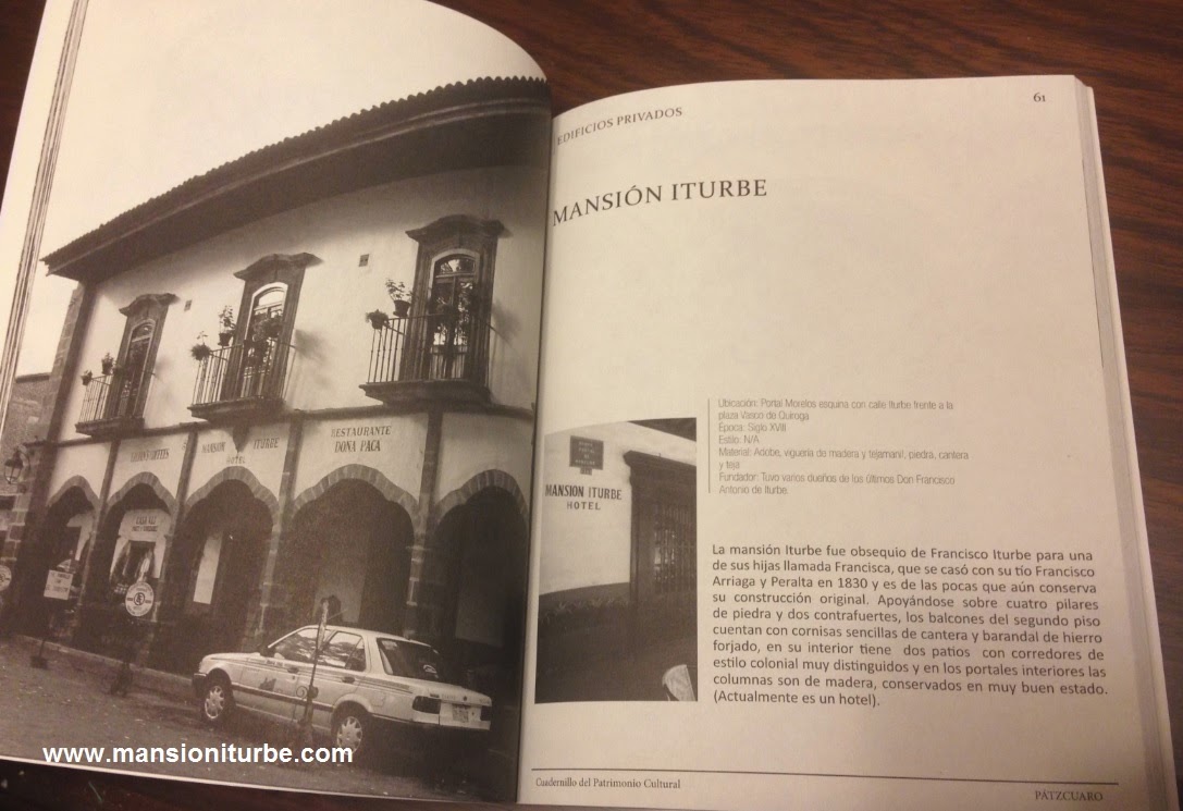 The booklet about the Cultural Heritage of Pátzcuaro includes Hotel Mansion Iturbe