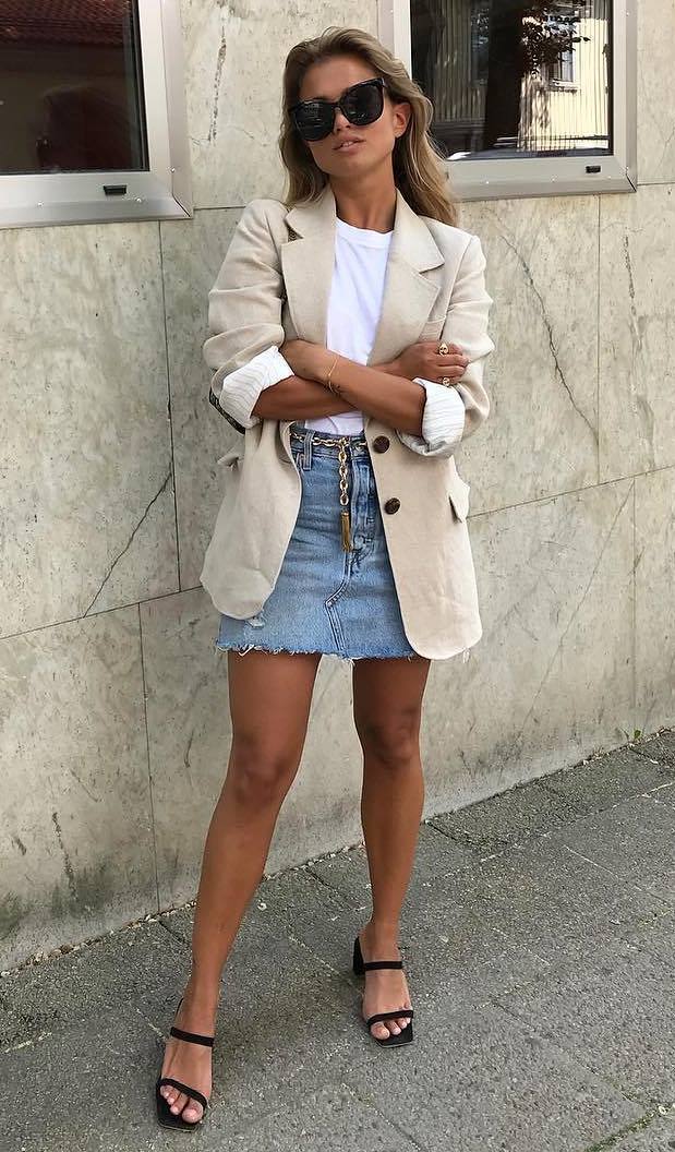 what to wear with a beige blazer : white top + denim skirt + heels