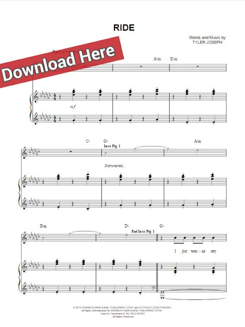 twenty one pilots, ride, sheet music, piano notes, chords, download, keyboard, guitar, klavier noten, PDF