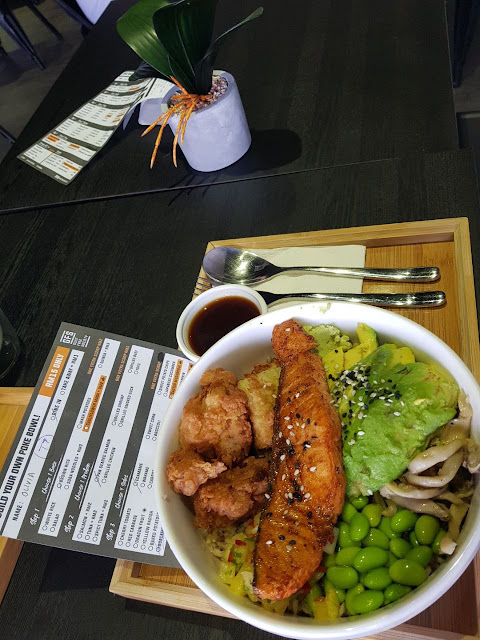 My pokebowl that comes with hearty portion of salmon and guacomole