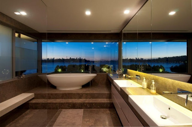 Photo of modern bathroom with the view of Sydney skyline in an amazing home
