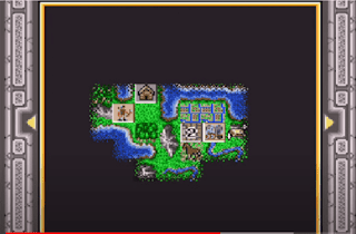 16 bit display showing grass,water,village,solider icon or horse and also dark parts of the map