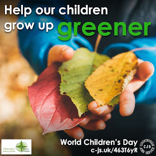 a child's hands holding 3 leaves, one yellow, green and red. Text reads: Help our children grow up greener