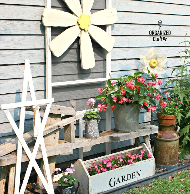 Shabby Chic/Boho Junk Garden Vignette #stencil #mandala #graniteware #junkgarden #containergarden #waxbegonia