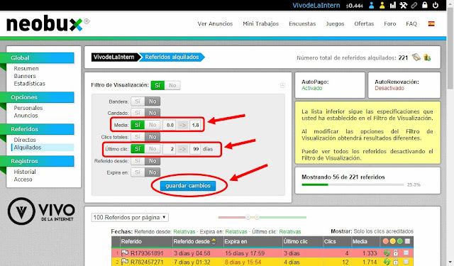 Filtrar referidos en NeoBux por la media y el último clic para reciclarlos.